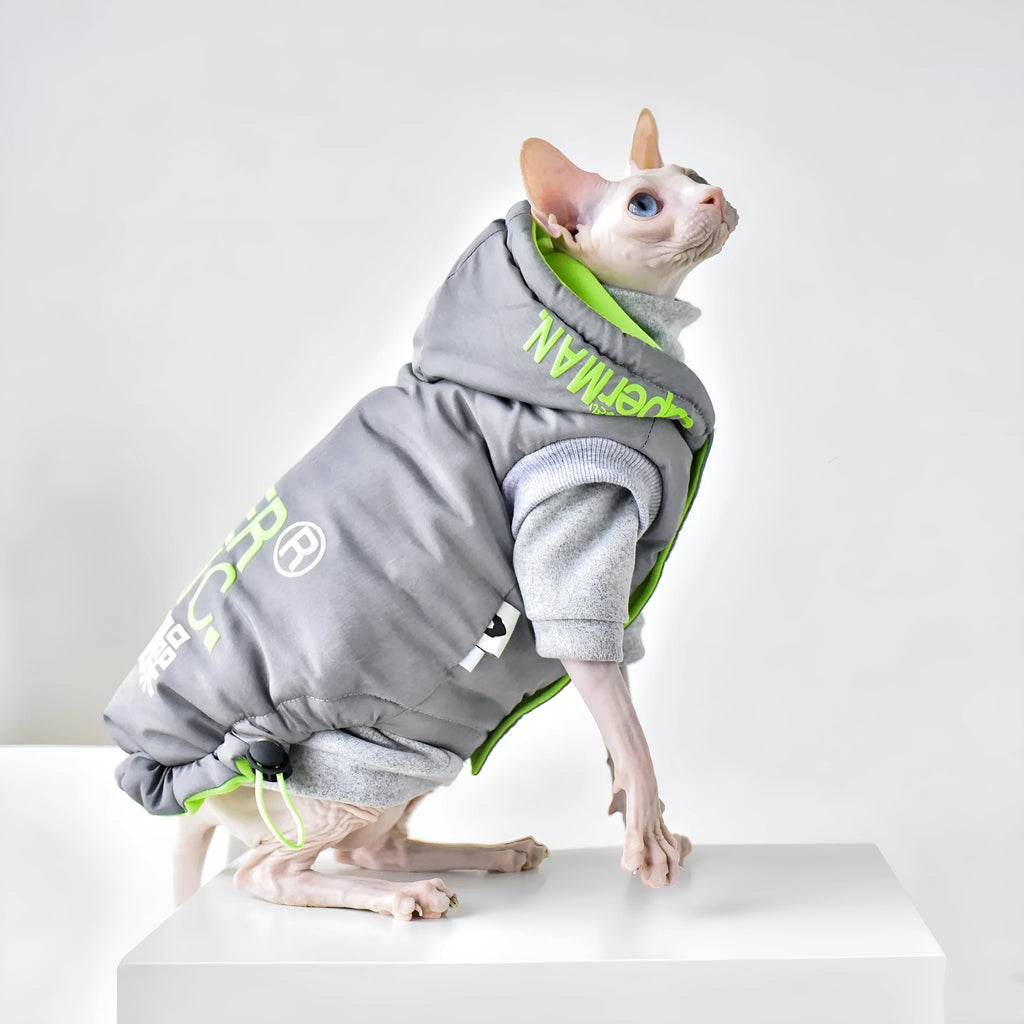 Hairless cat winter coat in Space Grey with windproof TPU polyester outer and cotton insulation, sized for Sphynx or similar breeds