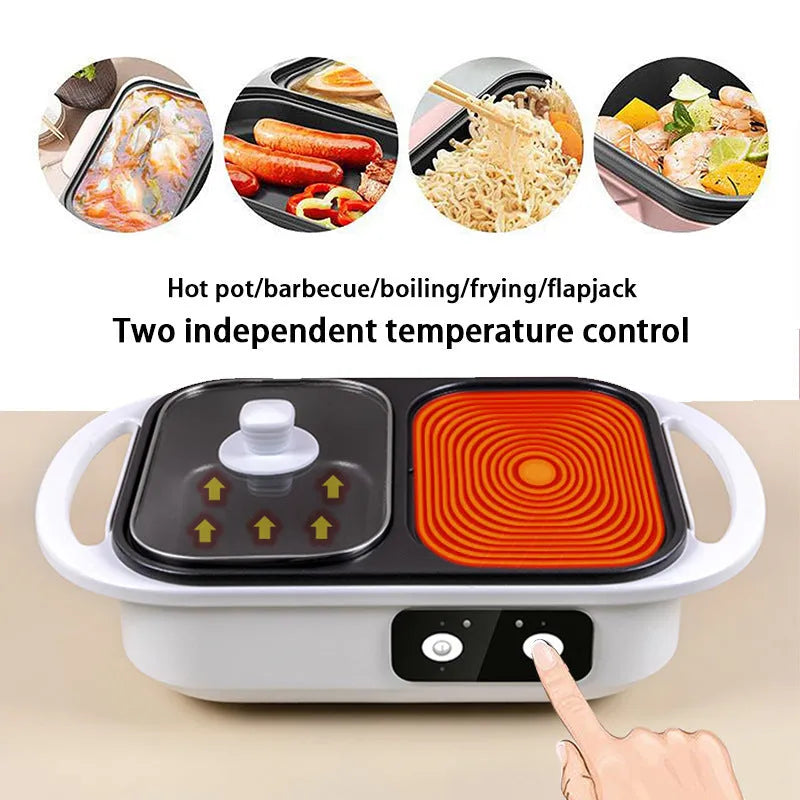 Green and white dual-function electric caldron and frying oven with mechanical controls and 1300W power rating