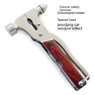 16-in-1 multi-functional car safety hammer made of solid steel with compact folded design and Oxford fabric carry bag