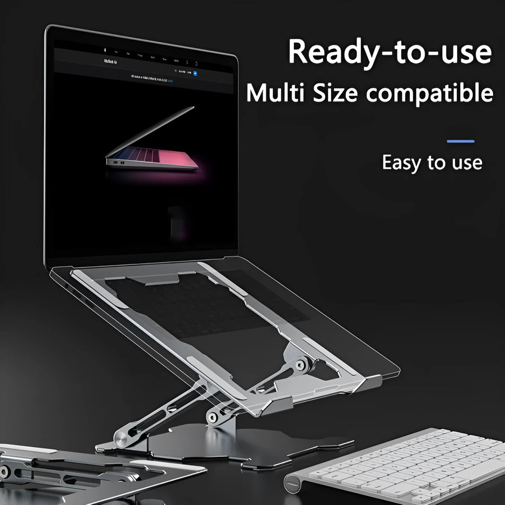 Aluminum adjustable and foldable laptop stand in grey on a desk.