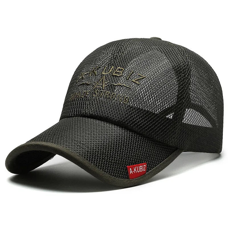 Summer men's mesh breathable baseball cap in khaki with cotton dome crown and adjustable back