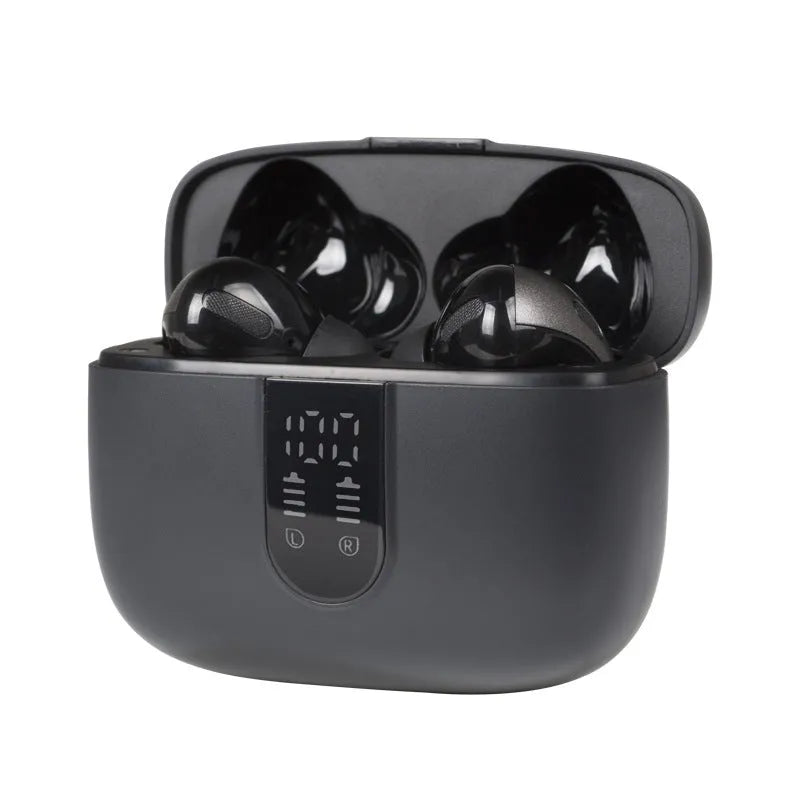 Jerry X08 wireless Bluetooth headset with digital display and charging box in black colour