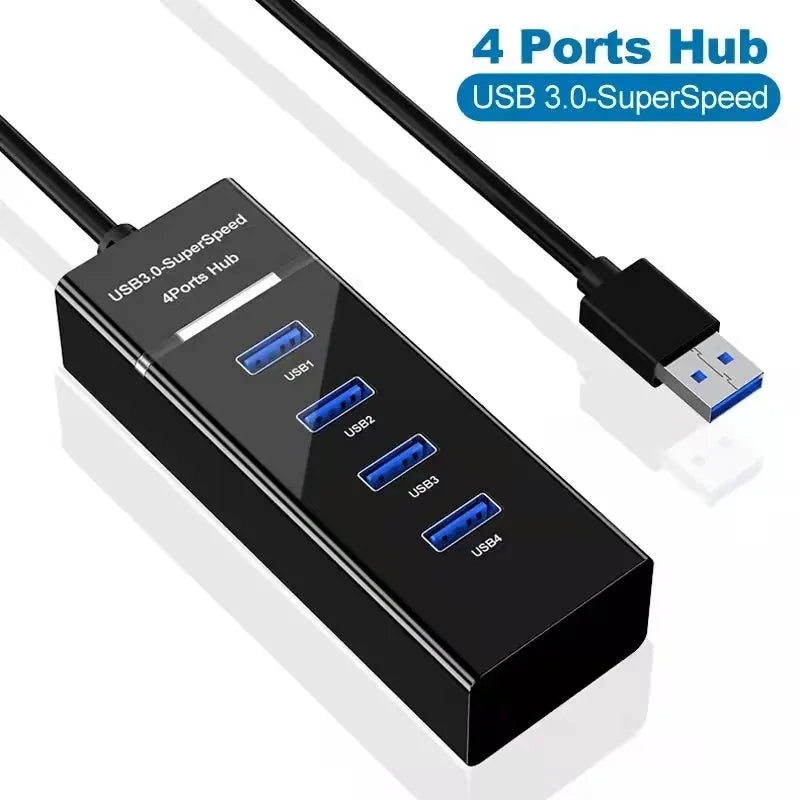Black 4-port USB 3.0 hub with LED indicators and 29cm cable for desktop PC or laptop