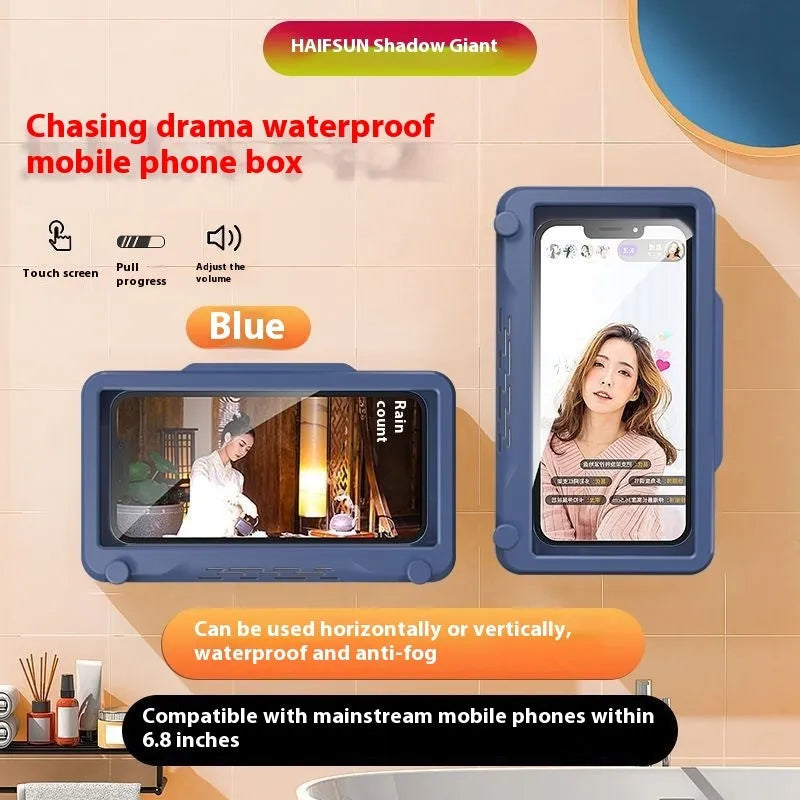 Waterproof touch screen rotatable bathroom wall-mounted mobile phone holder in white with adhesive mounting pad