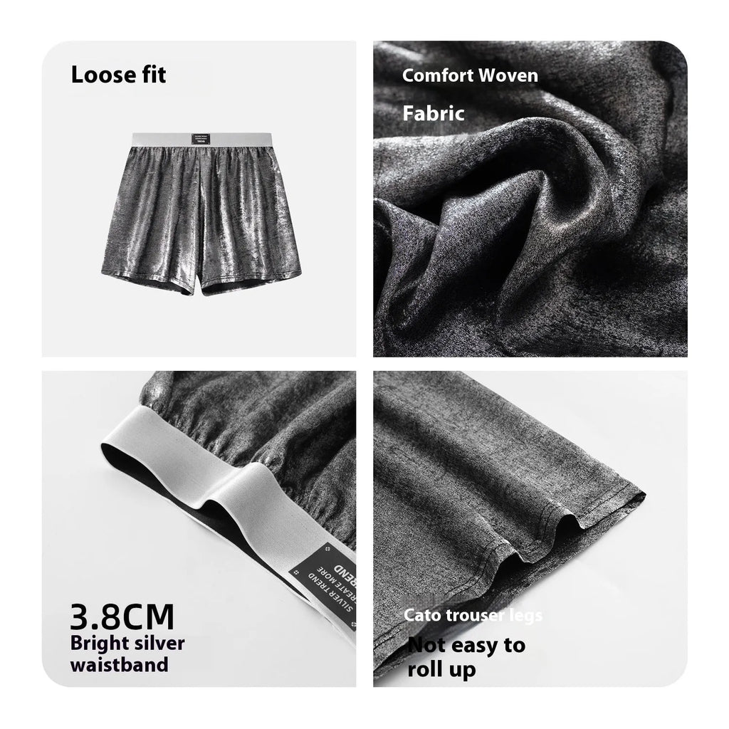 Galaxy brand reflective woven men's underwear in silver colour on a mid-waist mannequin.