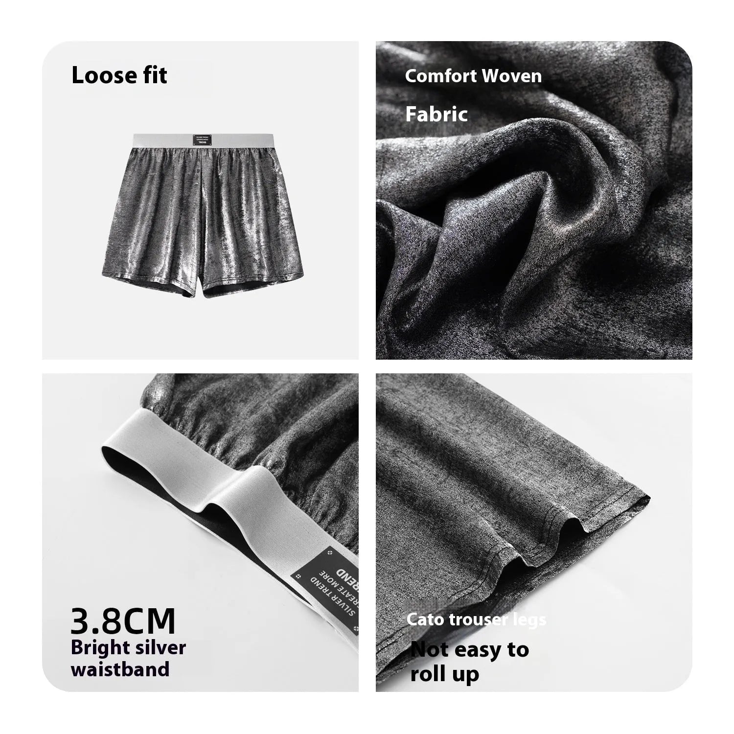 Galaxy brand reflective woven men's underwear in silver colour on a mid-waist mannequin.