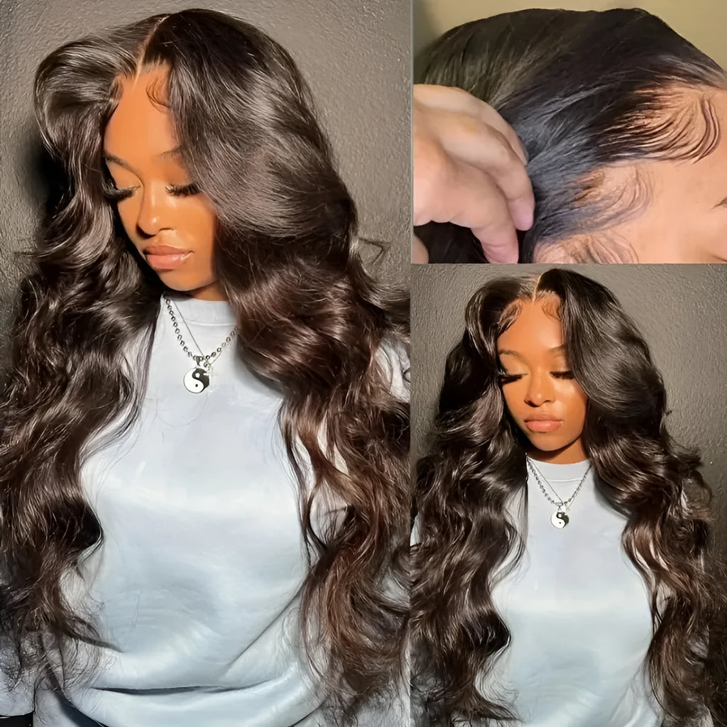 Dark brown long curly front lace wig with side fringe on display stand