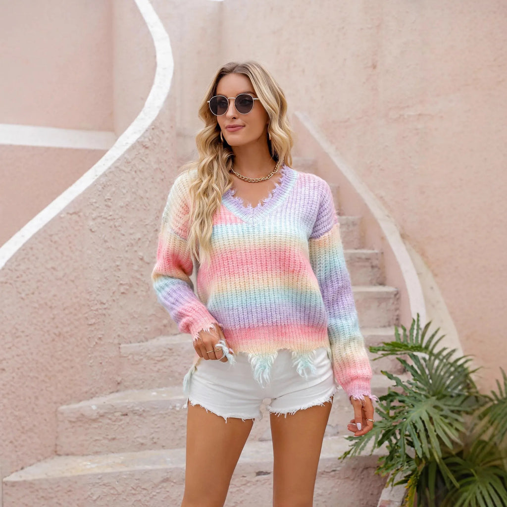 Knitted sweater loose cut rainbow plus size pullover in pink gradient colour