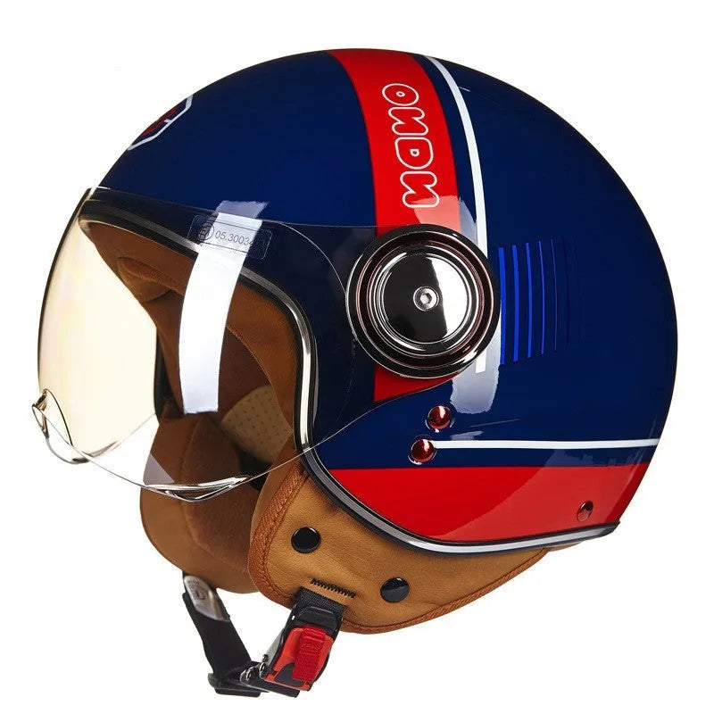 Battery car half helmet in Bright White Red Blue colour, lightweight semi-covered ABS construction, size M to XL