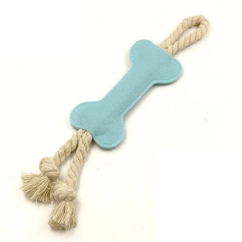 Bone-shaped dog toy with rope knot and felt construction in four colour options