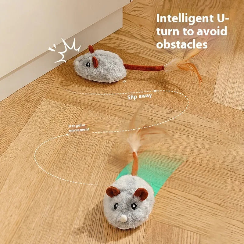 Electric cat pole toy with plush mouse in pink, dark grey, or purple colour options
