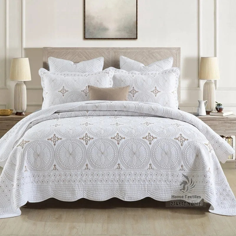 Pure cotton embroidered bed cover three-piece set with European-style detailing