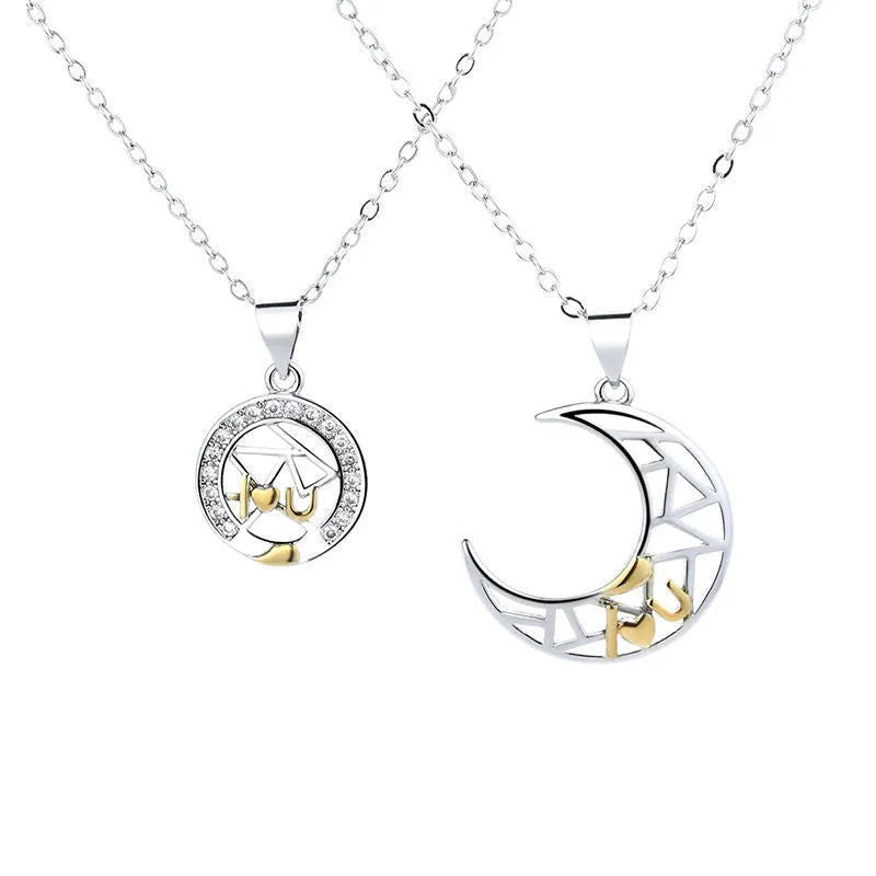Sun and moon couple necklace set with electroplated copper pendants and cross chain