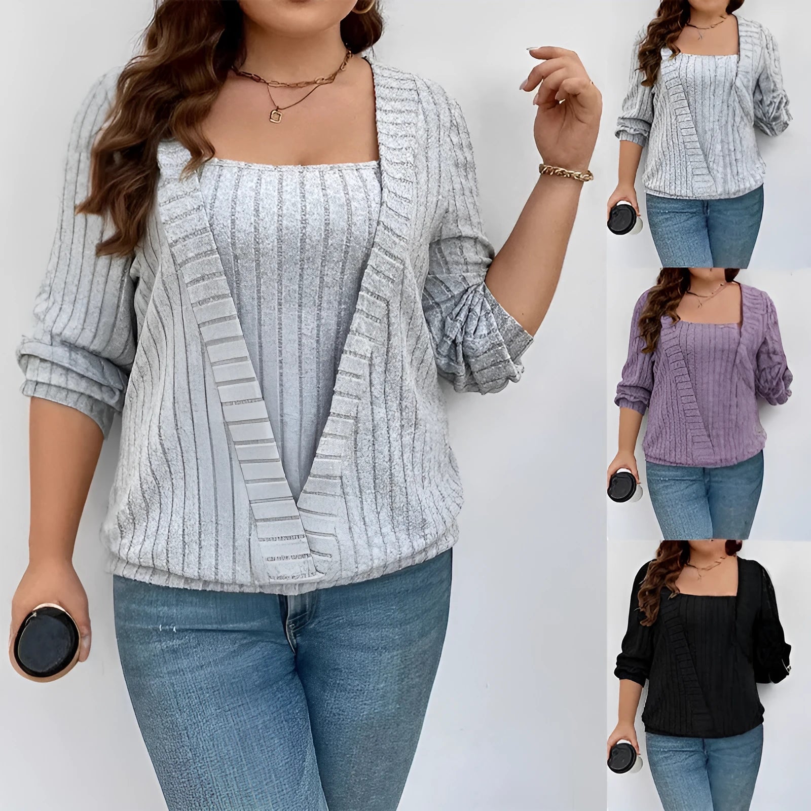 Women's solid colour V-neck long sleeve false two-piece suit top in rib fabric.