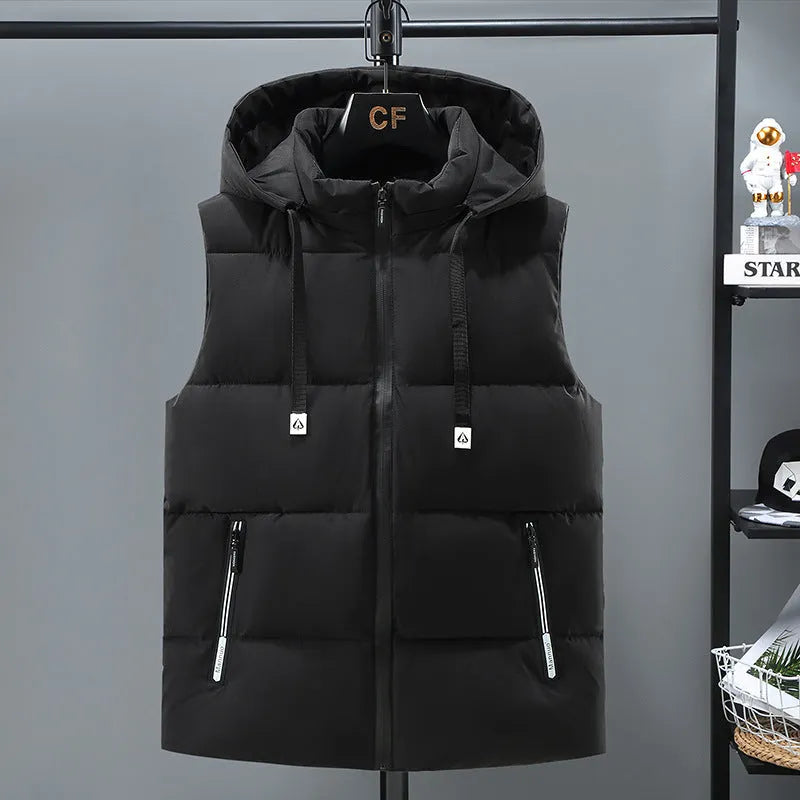 Men's warm thickened solid colour vest with removable hood, polyester fibre, black colour, zipper bag pocket, straight hem