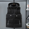 Men's warm thickened solid colour vest with removable hood, polyester fibre, black colour, zipper bag pocket, straight hem