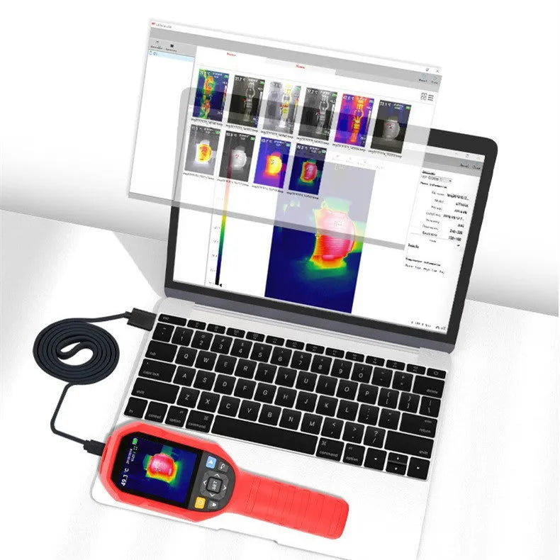 UTi series handheld infrared thermal imaging camera on a workbench with SD card and USB cable.