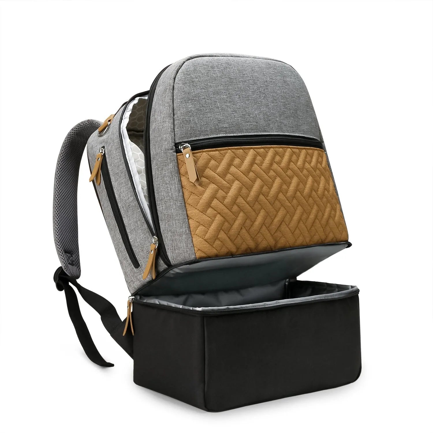 Mother and child travel insulated mummy backpack in brown Oxford cloth with curved shoulder strap