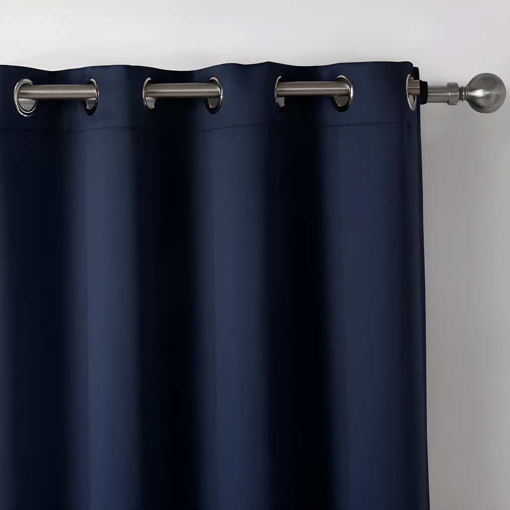 Dark blue printed blackout fabric curtain with perforated top, 140cm width