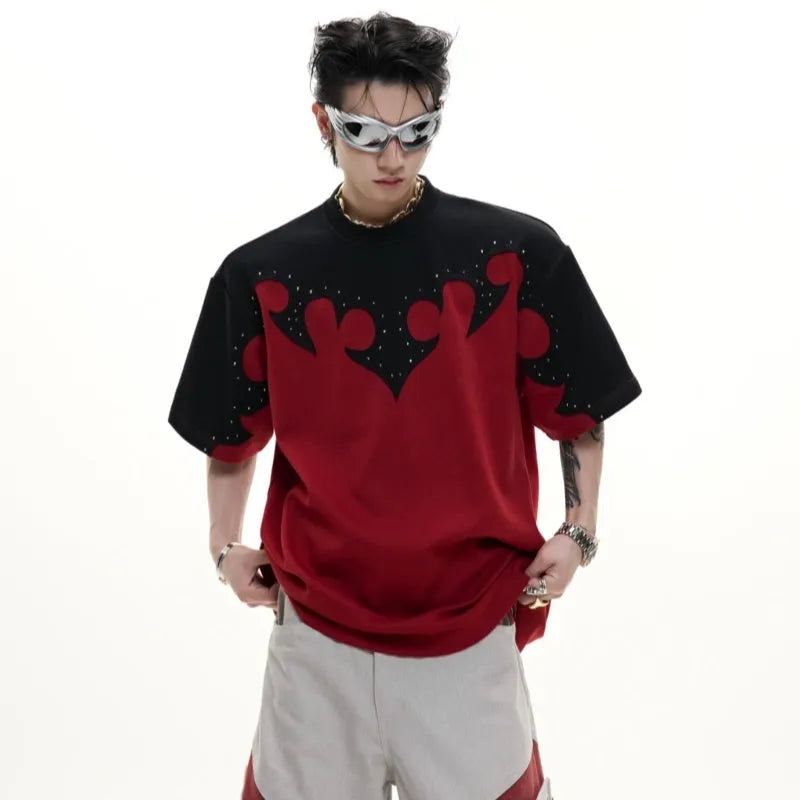 Men's cotton shirt with three-dimensional stitching and burnt flower rhinestone decoration in loose fit
