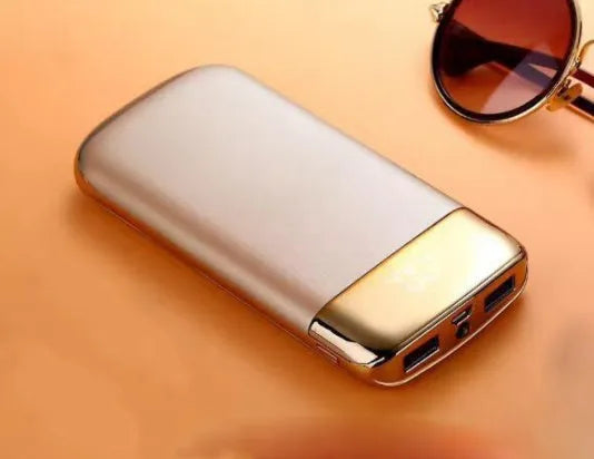 Portable 20000mAh LCD display power bank with dual USB ports and LED light in black
