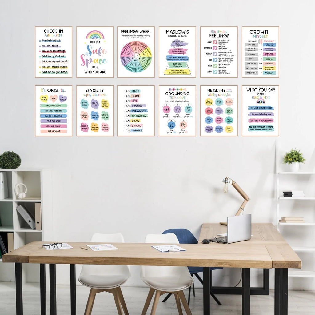 Set of 12 mental health posters on coated paper with bright film finish, each 255x355mm, with 60 glue dots