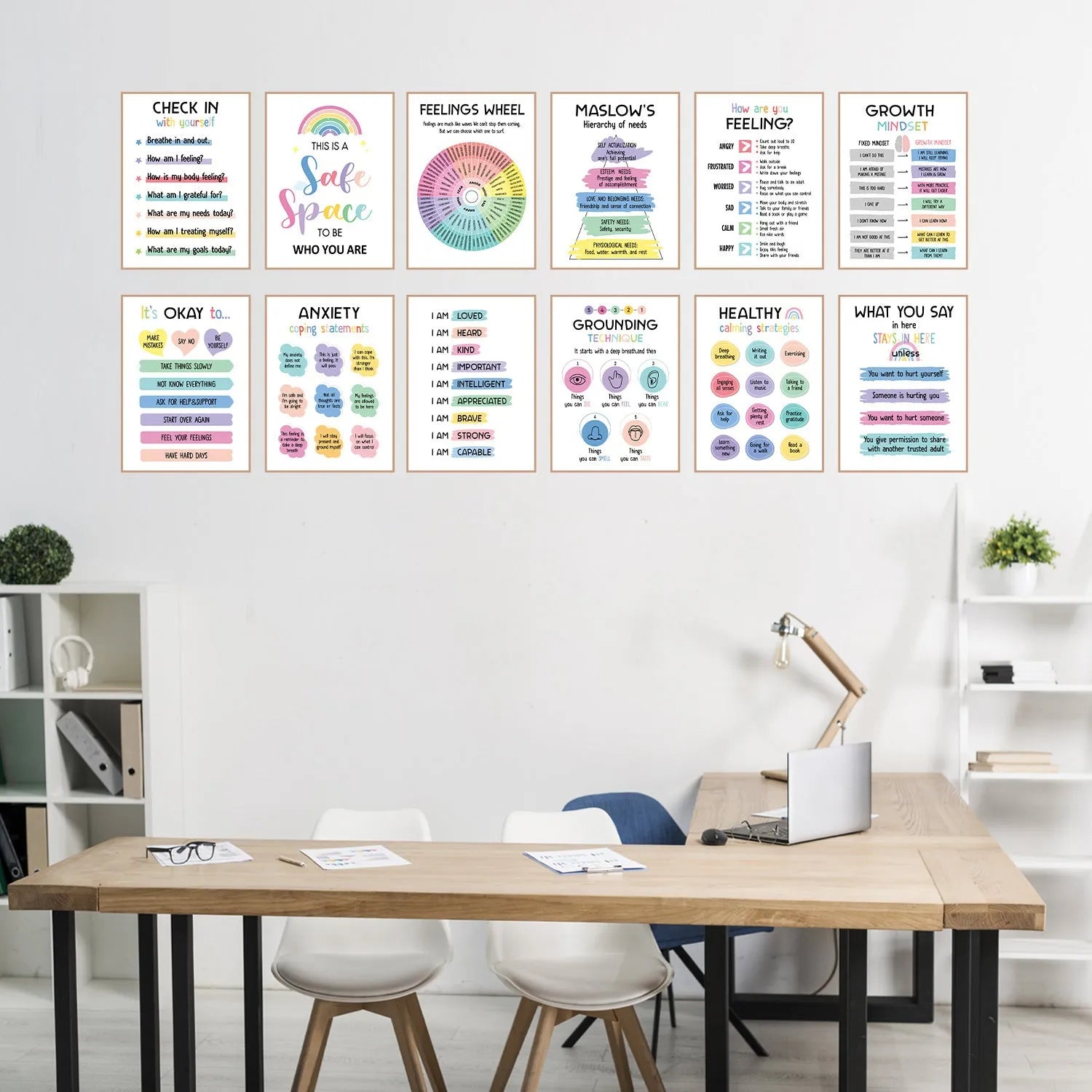 Set of 12 mental health posters on coated paper with bright film finish, each 255x355mm, with 60 glue dots