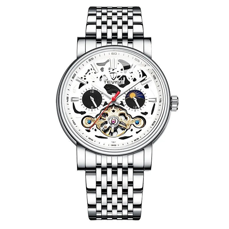 Men's black tourbillon skeleton watch with luminous hands on a leather strap.