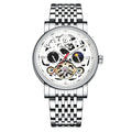 Men's black tourbillon skeleton watch with luminous hands on a leather strap.