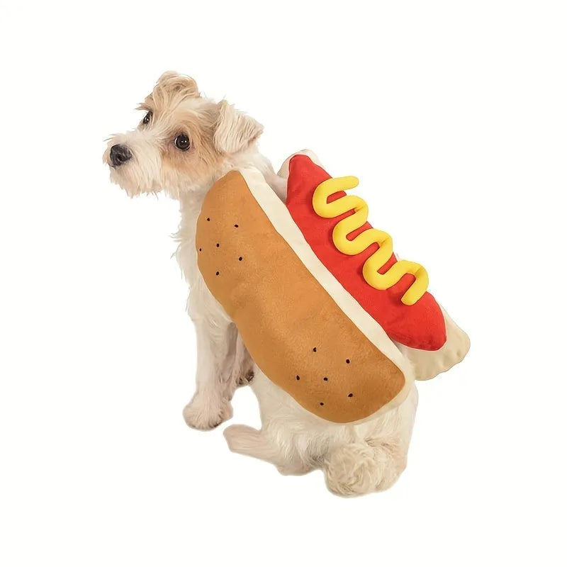 Funny hot dog costume suit on a small dog for pet cosplay and winter clothing.