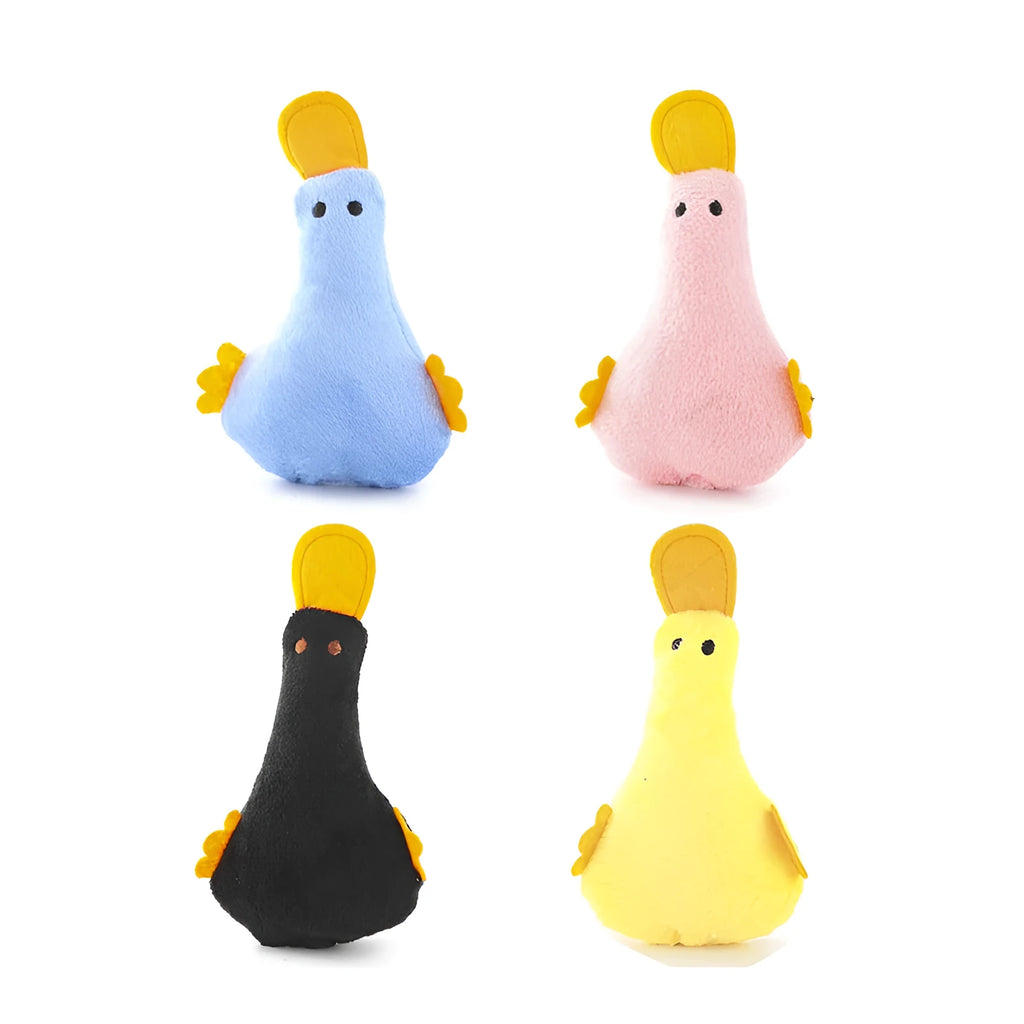 Duck-shaped plush pet toy with squeaker and catnip filling in blue colour
