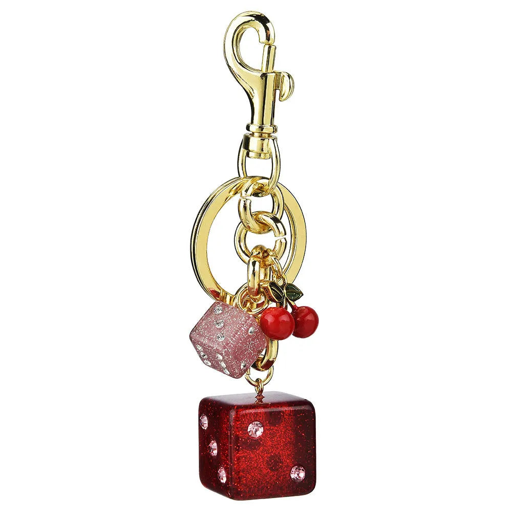 Square pattern metal keychain pendant with two-tone cherry dice design and electroplated finish