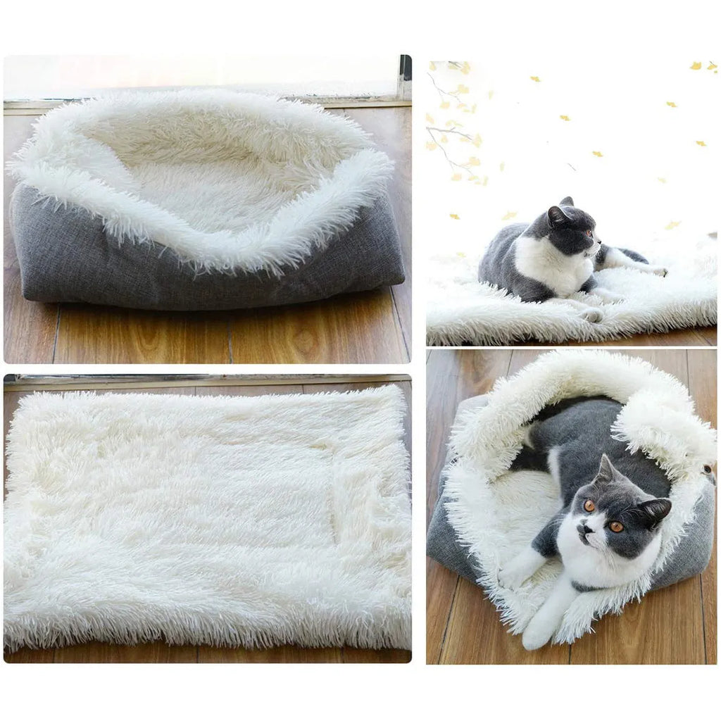 Two purpose gray pet blanket nest with long plush top and black non-slip bottom on a sofa