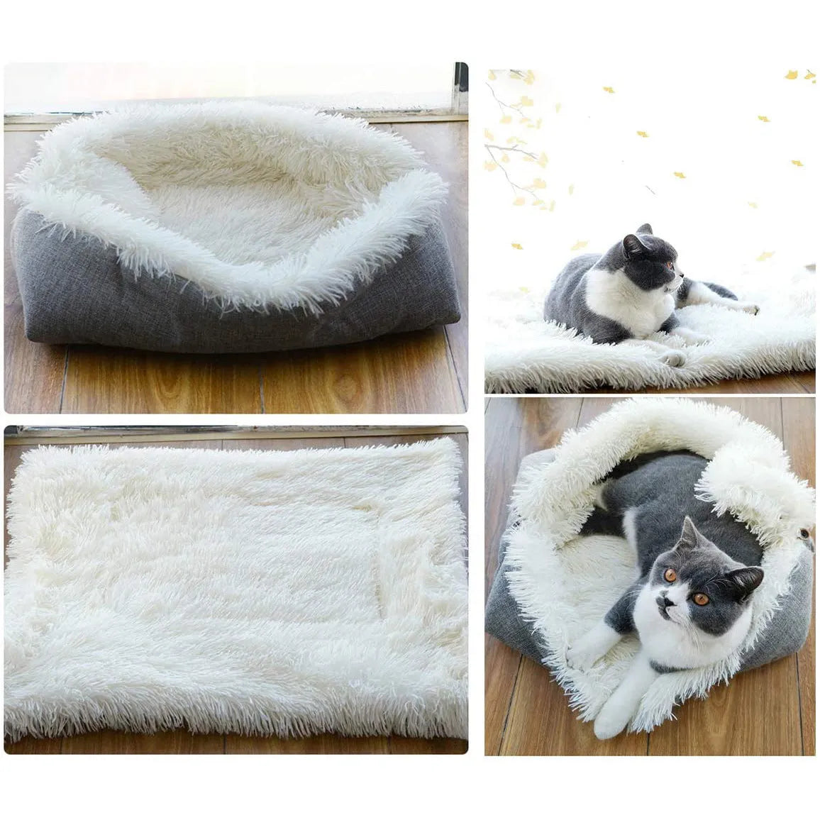 Two purpose gray pet blanket nest with long plush top and black non-slip bottom on a sofa