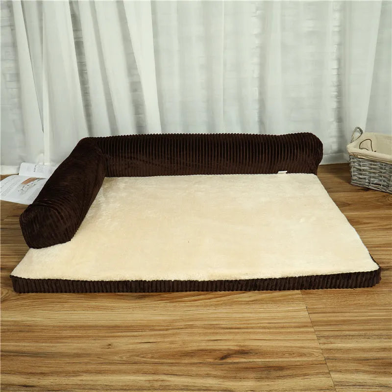 Corduroy pet dog sofa bed with non-slip base in a neutral colour on a wooden floor