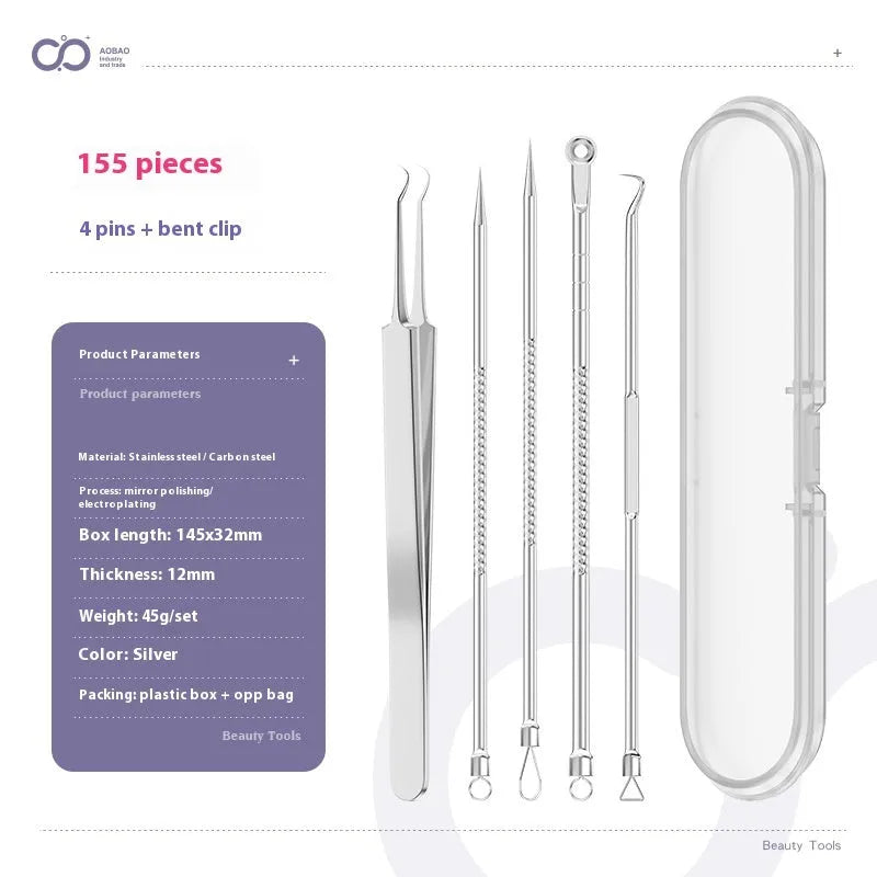 Four silver metal acne needles with ultra-fine points for blackhead removal.