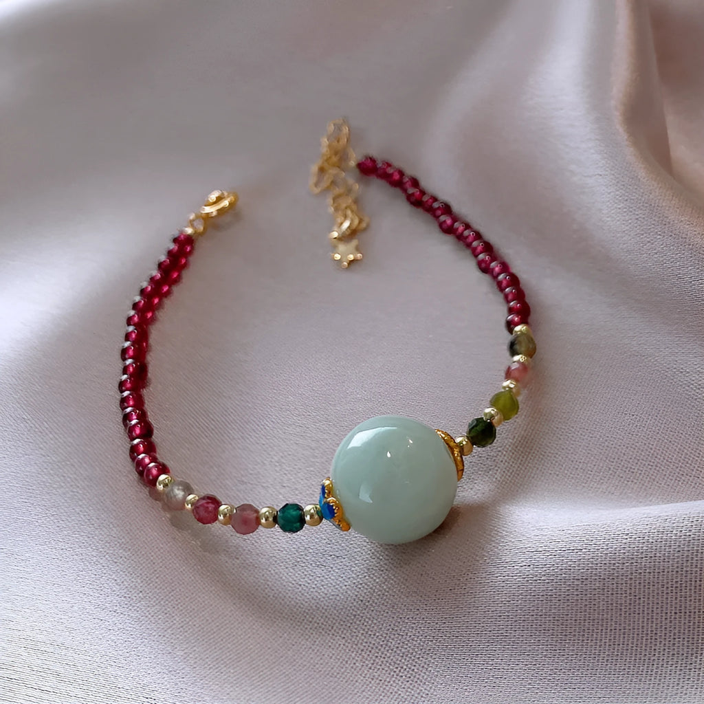 Women's Chinese style garnet tourmaline bracelet with drop shape beads and electroplated finish