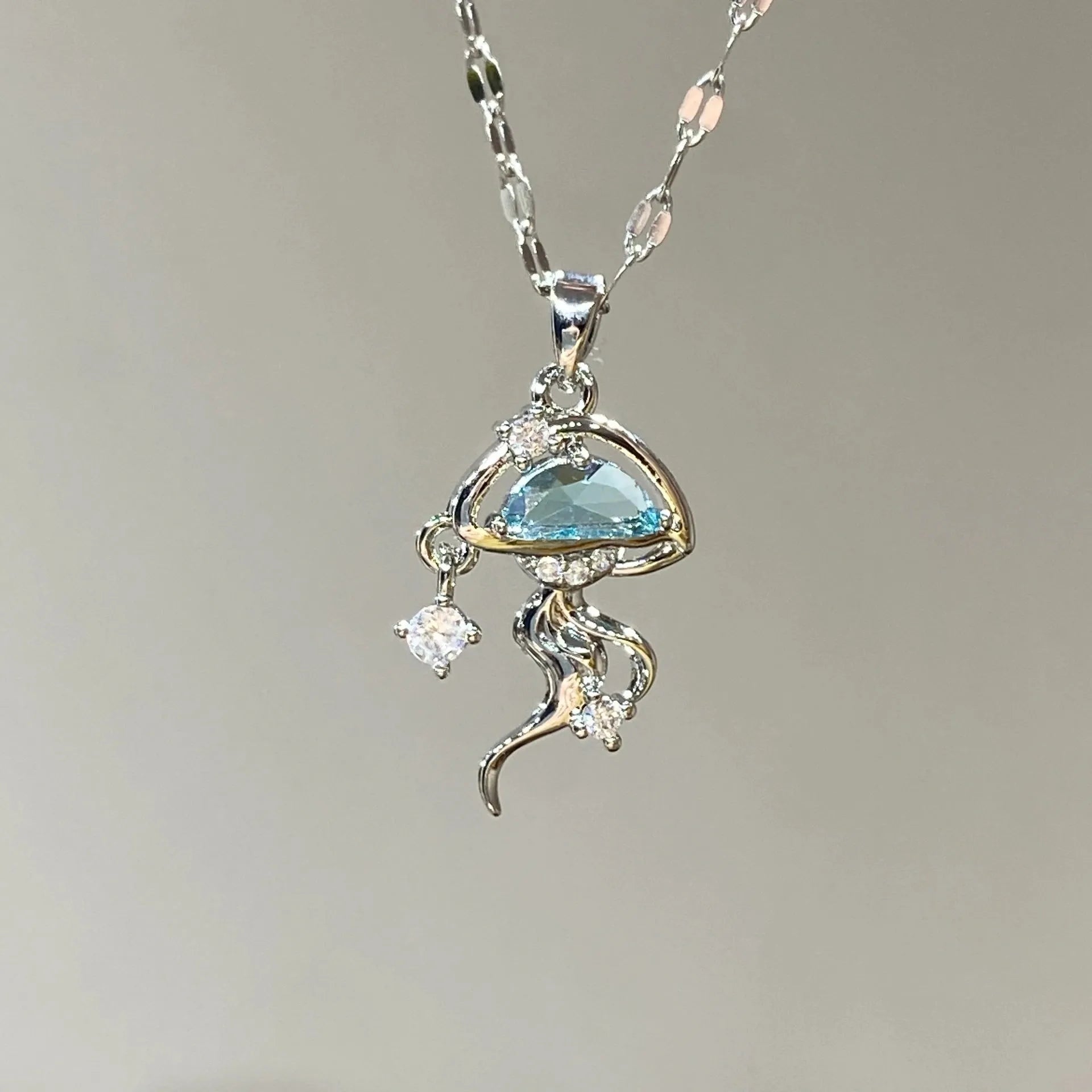 S925 sterling silver blue jellyfish pendant necklace on white gold colour chain with diamond finish