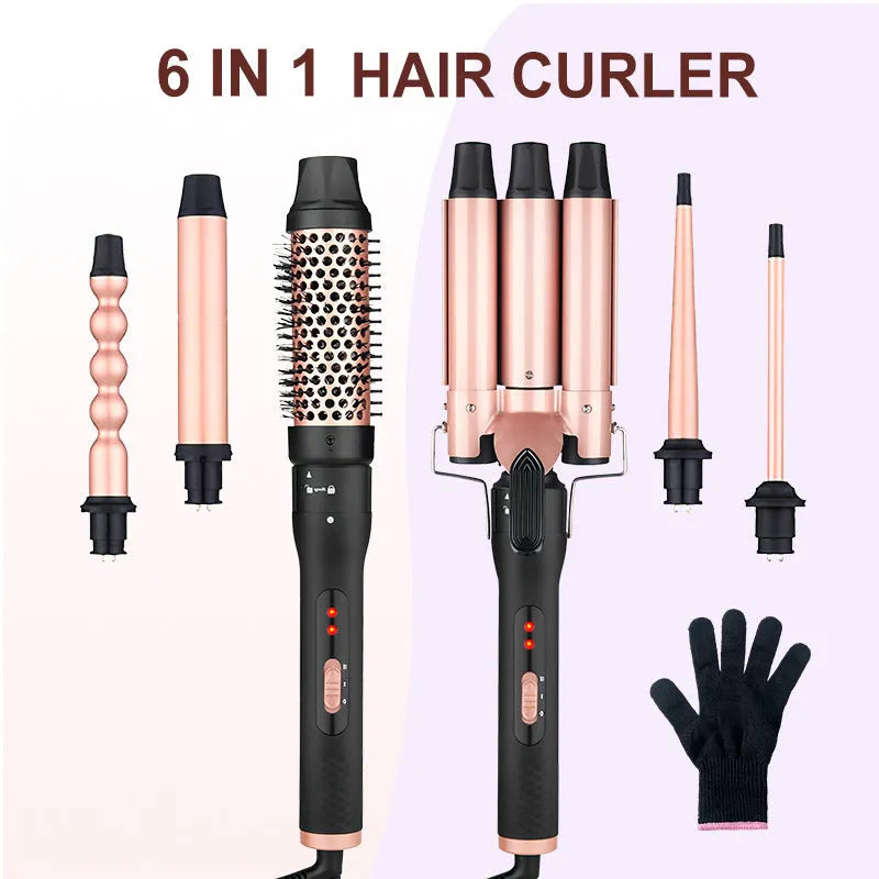 All-in-one three-tube water wave hair curler set with voltage options EU UK US 220V 230V 110V