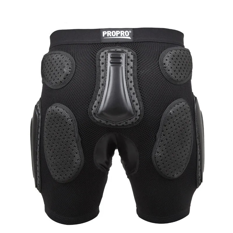 Black cycling hip protection pants showing the integrated protective pad, available in sizes S, M, L, and XL.