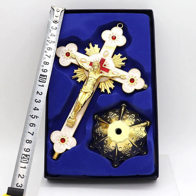 Micro-inlaid metal ornament in gold blue diamond finish, zinc alloy die cast, 30x19cm geometry shape