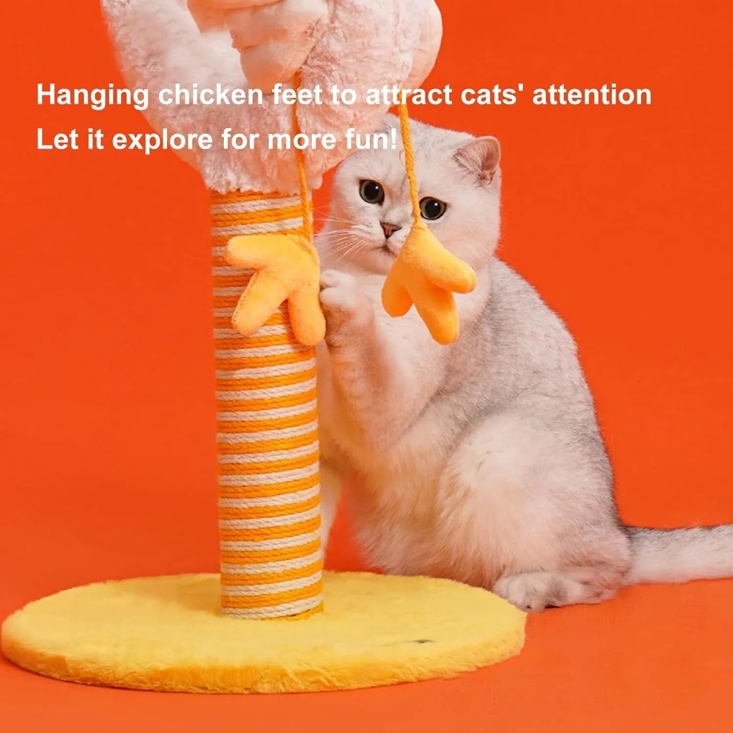 Sisal rope cat scratching post with chicken strip design and spring ball, 35cm wide and 88cm tall