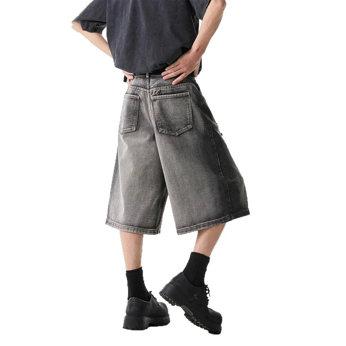 High Street Water Washed Hole Denim Shorts in gray, loose cropped fit, cotton fabric, for summer