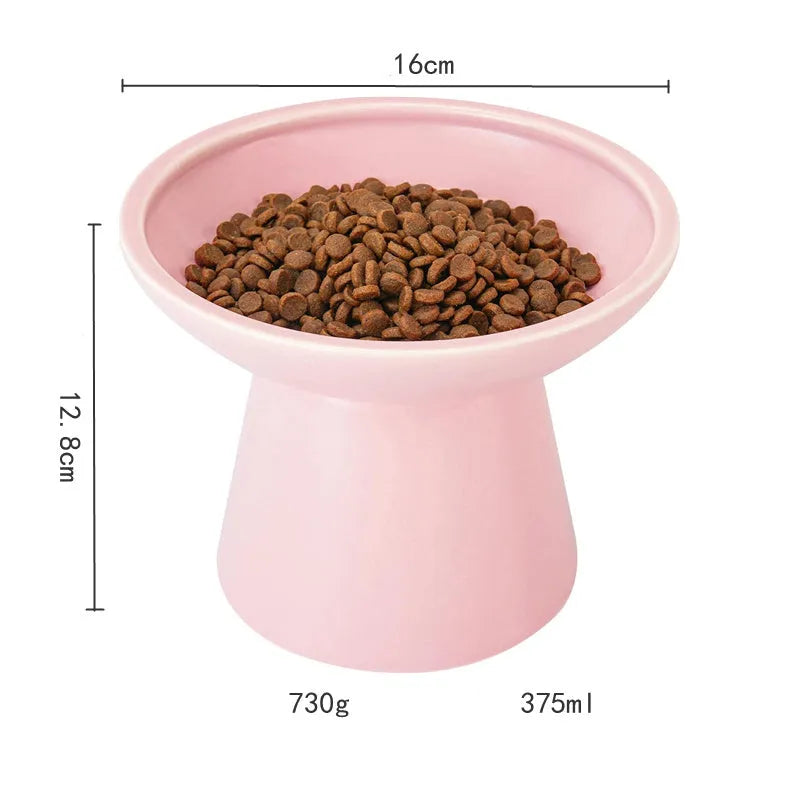 Ceramic elevated cat food bowl in blue, green, pink or white with wide shallow design