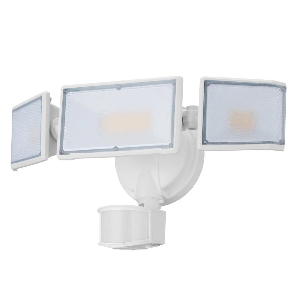 White outdoor LED security floodlight with motion sensor mounted on wall bracket