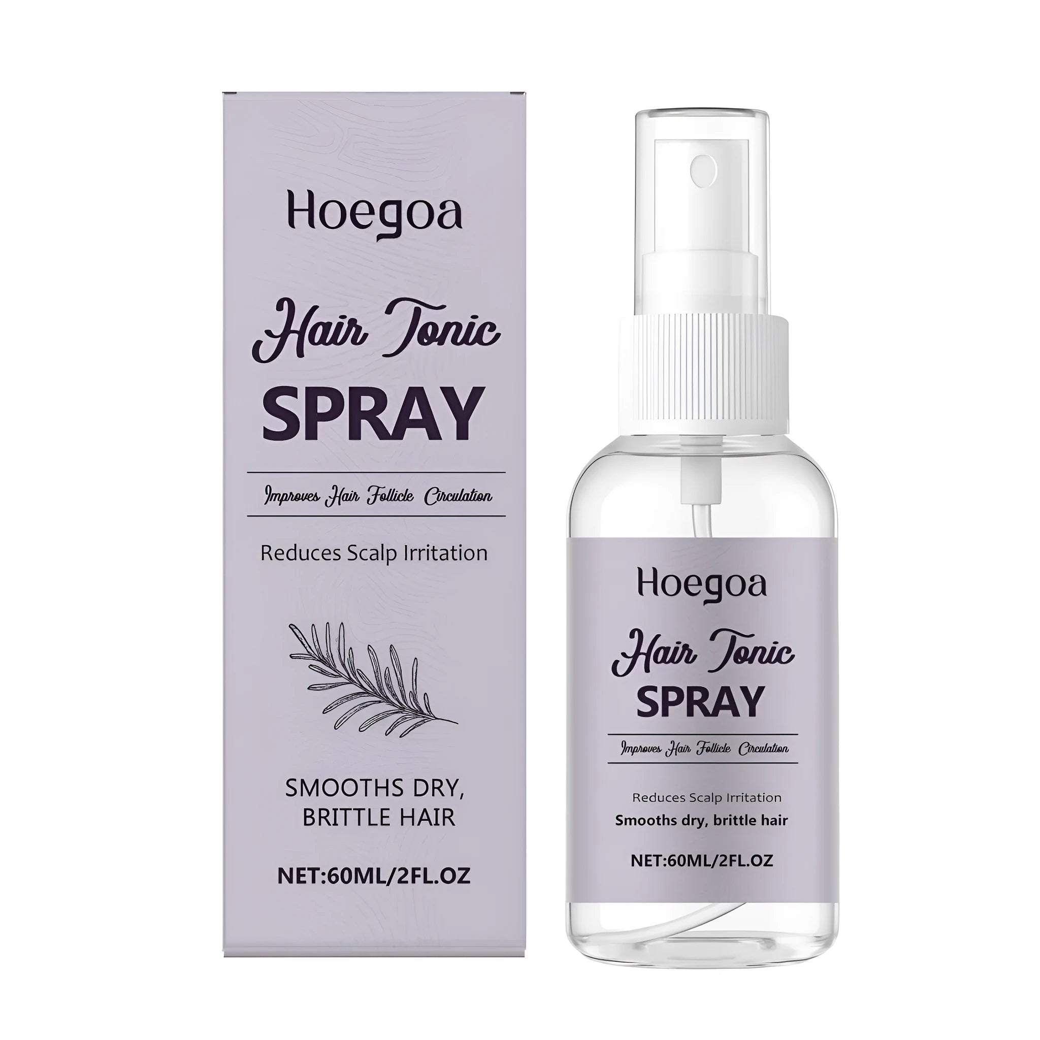 60ml bottle of hair tonic spray with ginger and rosemary oil, clear liquid in spray bottle