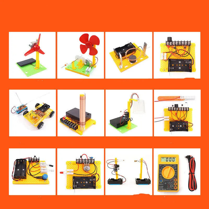 DIY electronic science experiment set with plastic solar fan, hand generator, simple motor, and music doorbell parts