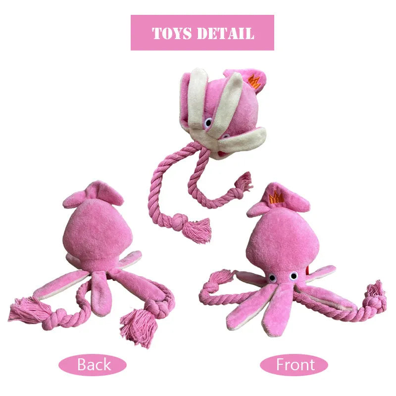 Pink squid-shaped plush dog chew toy with squeaky whistle, corduroy fabric, 32cm body length