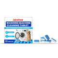 A pack of twelve white washing machine cleaning tablets for limescale and odour removal.