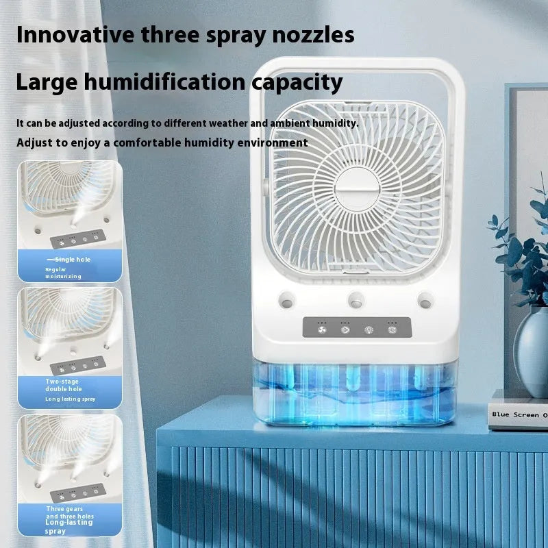 White USB rechargeable cooling fan with three-spray nozzle humidifier and adjustable head